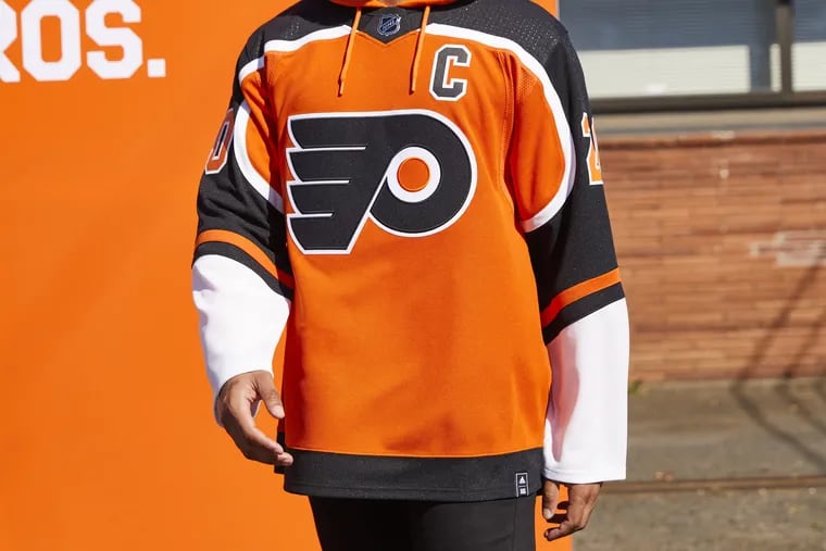 The Flyers unveiled their new jerseys this morning, featuring a hideous  bright blue advertisement at the shoulder. : r/nhl