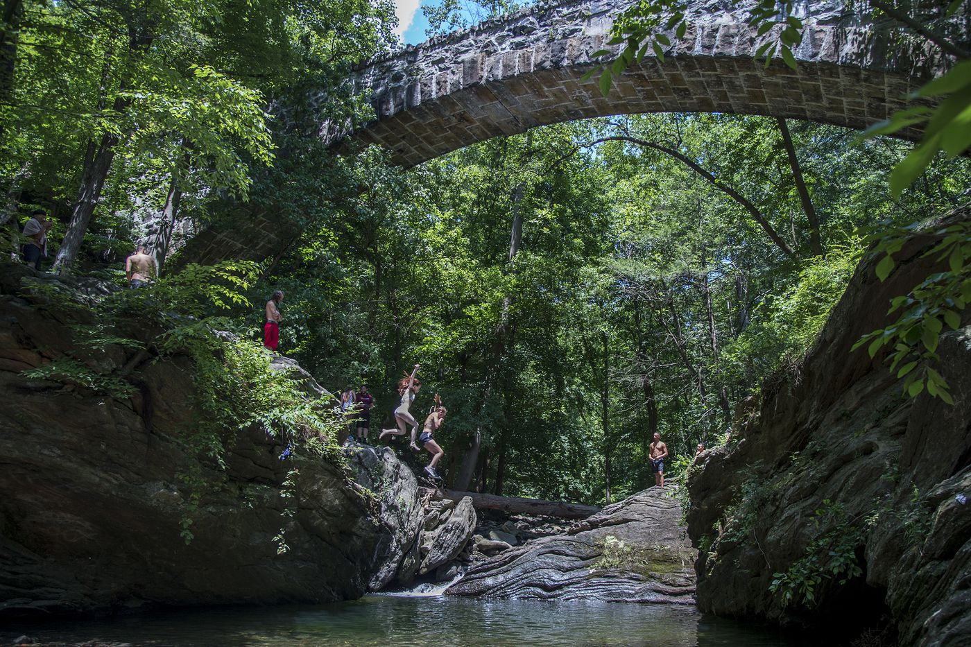 No, you can't swim in Devil's Pool at the Wissahickon. Really