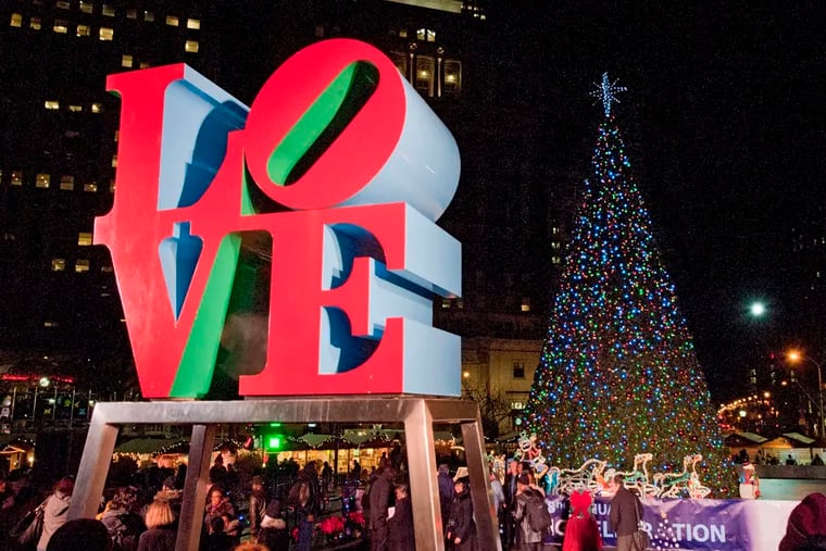 Philadelphia's Christmas tree shines brightly in LOVE Park after the lighting ceremony.