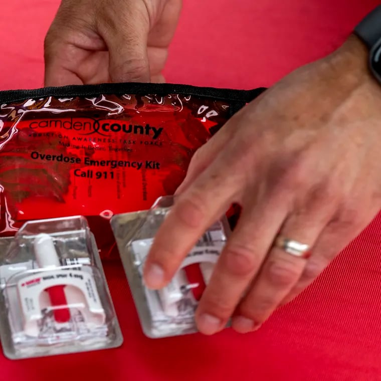 An “Overdose Emergency Kit” displayed in Runnemede, N.J. in Sept. 2023, as Camden County officials announced the county would provide naloxone kits to school bus drivers. Camden County officials credit widespread naloxone access and a number of other initiatives with reducing overdose deaths in the county in the first six months of 2024.