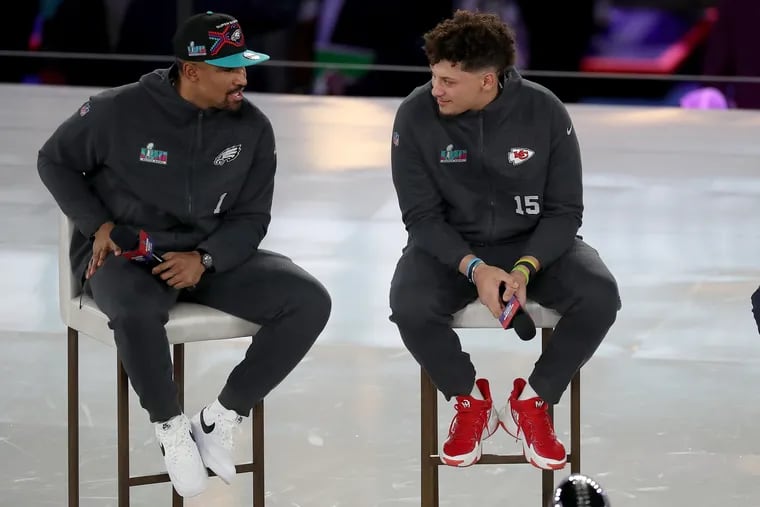 Eagles quarterback Jalen Hurts (left) and Kansas City Chiefs quarterback Patrick Mahomes are two of the top quarterbacks in the NFL. The two share a mutual respect and will face off Monday.