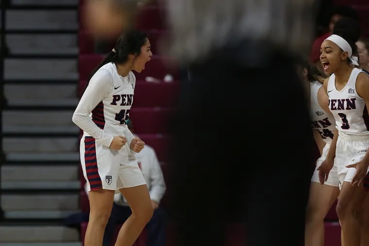 Penn guard Kayla Padilla (45) has moved into ninth place in the Quakers' all-time scoring list following her 27-point performance in a win over Harvard at the Palestra on Saturday.