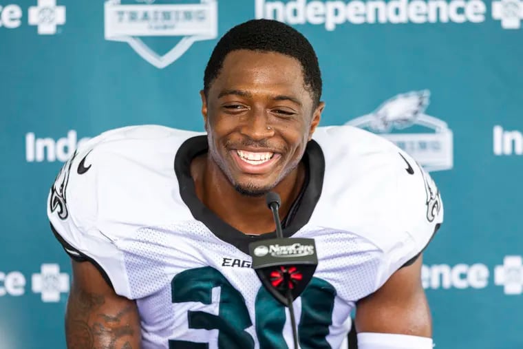 Quinyon Mitchell speaks to press after practice at the Novacare Complex on July 30.