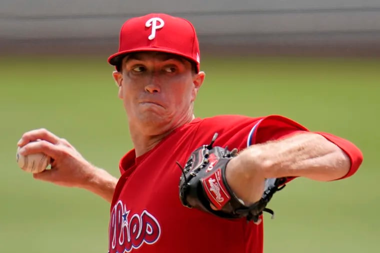 Starting pitcher Kyle Gibson, making his Phillies debut, delivers during the first inning of a baseball game against the Pittsburgh Pirates in Pittsburgh, Sunday, Aug. 1, 2021.  He pitched into the seventh inning.