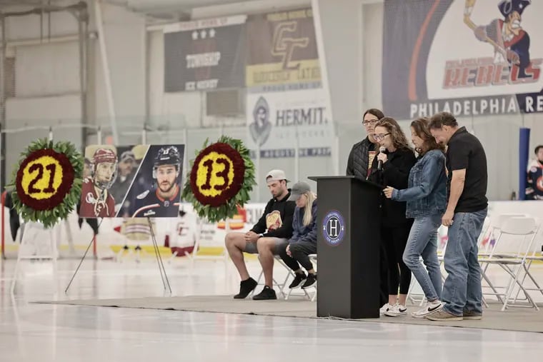 The Gaudreau family thanks the public as Matty and Johnny Gaudreau are honored before the Philadelphia Rebels' home opener on Friday at Hollydell Ice Arena in Sewell, N.J.