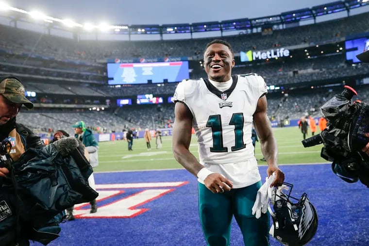 Eagles wide receiver A.J. Brown walks off the field after a 48-22 rout of the New York Giants at MetLife Stadium in East Rutherford, N.J.