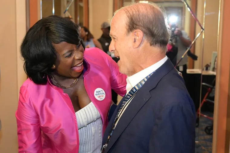 Mayor Cherelle Parker interacts with Pennsylvania delegate Alan Kessler on Tuesday at the Democratic National Convention in Chicago.