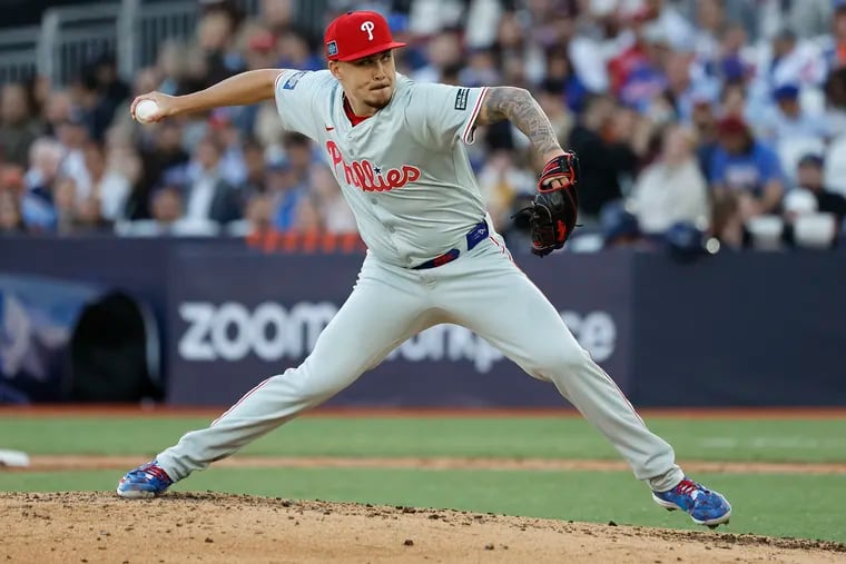 Reliever Orion Kerkering pitching for the Phillies during a London Series game against the Mets on Saturday.