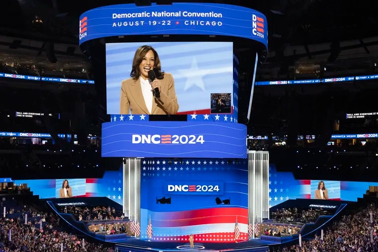 Vice President Kamala Harris shown on the big screen at the Democratic National Convention on Monday night in Chicago.