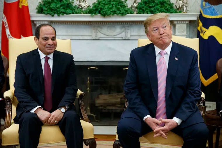 In this April 9, 2019, file photo, President Donald Trump meets with Egyptian President Abdel Fattah el-Sisi in the Oval Office of the White House in Washington.