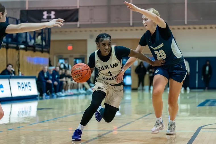 Neumann Goretti’s Carry Easley drives on Spring-Ford’s Siena Miller during the CoBL Winter Classic at Jefferson University on Dec. 17.