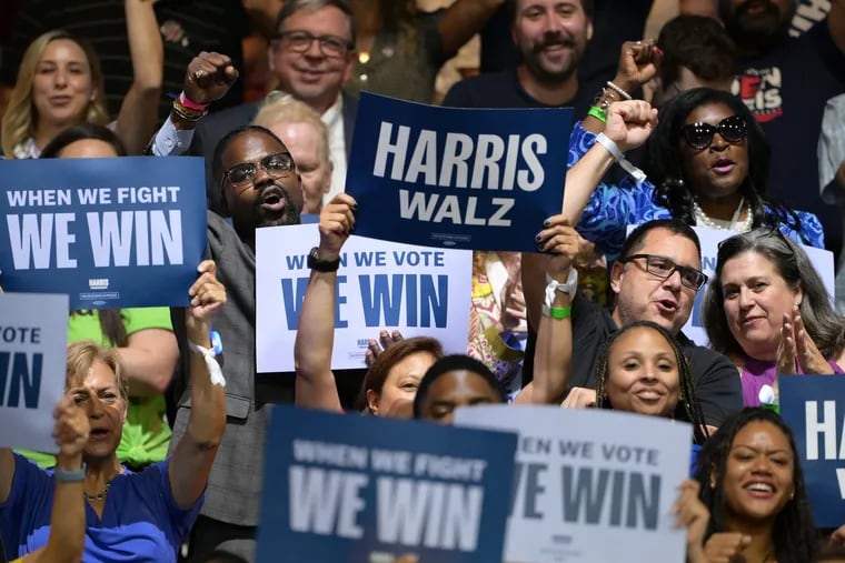 Supporters gathered for Democratic presidential nominee Kamala Harris and her running mate, Minnesota Gov. Tim Walz during a rally at the Liacouras Center at Temple University in Philadelphia on Tuesday, Aug 6, 2024. Harris announced the selection of Walz ahead of their visit to Philadelphia.