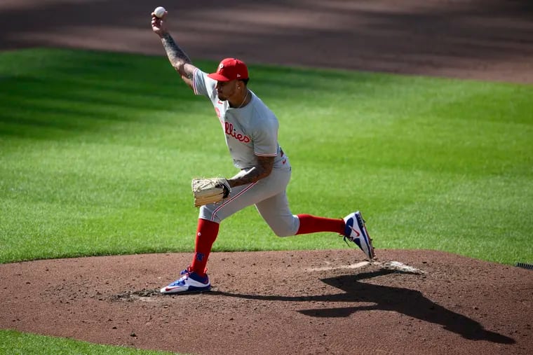 Phillies starter Taijuan Walker throws a pitch during a 6-2 loss to the Baltimore Orioles on Saturday.