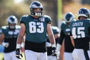 Philadelphia Eagles offensive tackle Jack Driscoll (63) reacts during the  second half of an NFL football