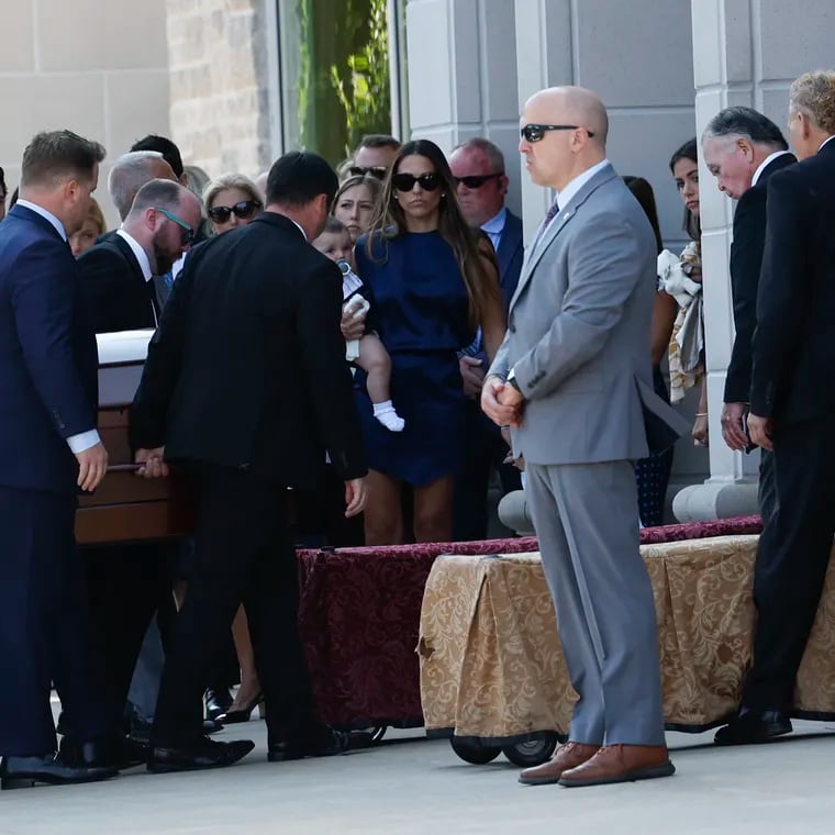 Pallbearers carry the casket of Johnny Gaudreau before funeral services at Saint Mary Magdalen Church in Media, Pa. on Monday, September 9, 2024.