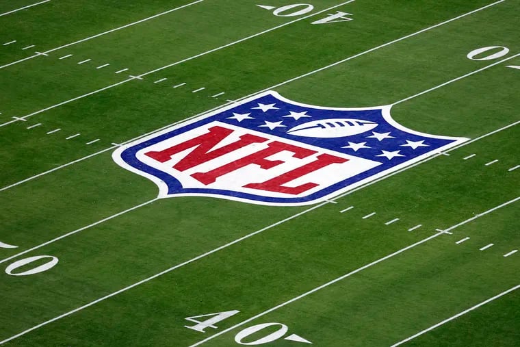 The NFL logo is seen during the Super Bowl in February.
