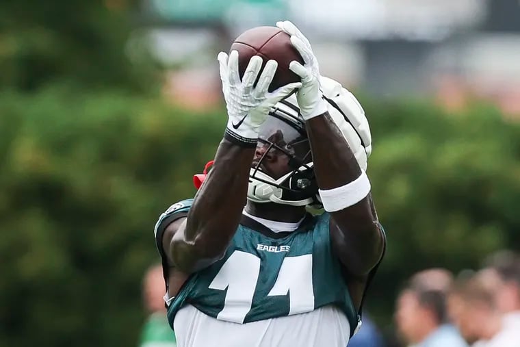 Philadelphia Eagles wide receiver A.J. Brown makes a catch during the first day of Eagles Training Camp.