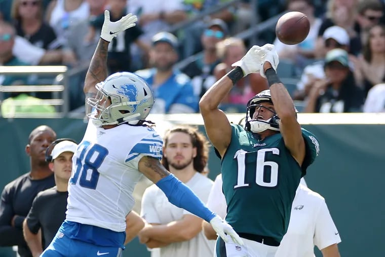 Eagles wide receiver Mack Hollins (16) has played 185 offensive snaps in the last five games, with no catches.