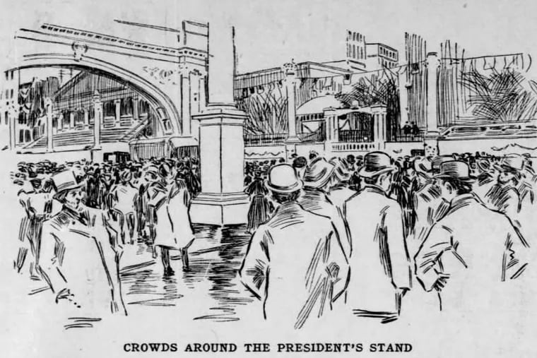 A sketch from the Oct. 27, 1898, edition of The Philadelphia Inquirer shows an arch constructed over Broad Street to celebrate troops at the end of the Spanish American War.