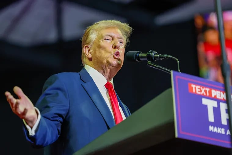 Former President Donald Trump, the presumptive Republican nominee for president, speaks at a campaign rally at the Liacouras Center at Temple University in Philadelphia Saturday.