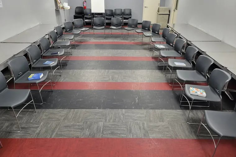 The room at Ready Willing & Able Philadelphia is prepped for the organization's daily in-house recovery meeting.