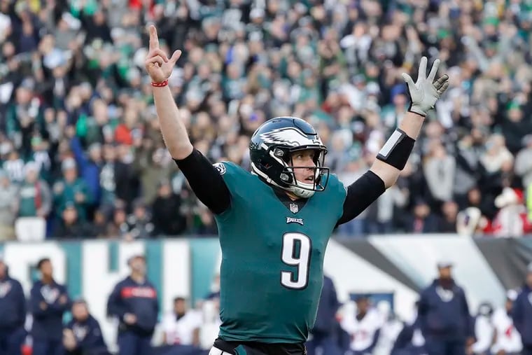 Nick Foles celebrating a touchdown pass for the Eagles in 2018.