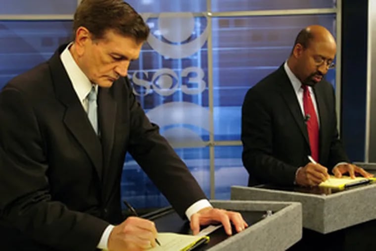 Tom Knox (left) and Michael Nutter prepare for the televised debate in which Knox would pledge to turn his campaign loan into a gift.