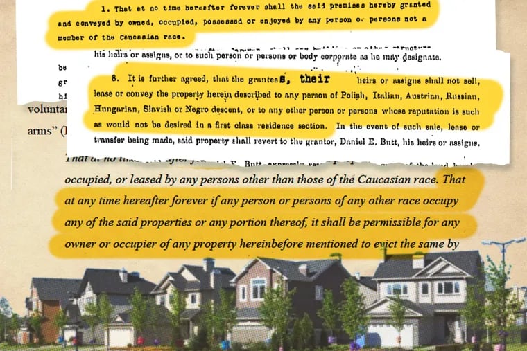 This illustration shows examples of discriminatory deed covenants, which are now illegal but still exist. Pennsylvania has joined other states across the country in allowing property owners to renounce the language in their deeds.