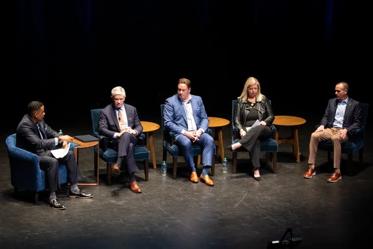 Speakers (from left) Bill Anderson, Patrick Harker, Christopher Gheysens, Marcia O’Connor and Don Smolenski discuss the region's economic outlook at an event held by the Chamber of Commerce for Greater Philadelphia at the Kimmel Center.