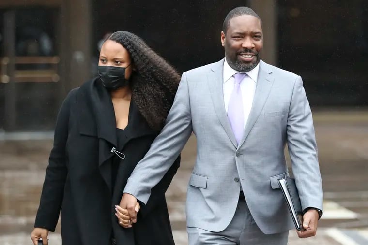 Philadelphia City Councilmember Kenyatta Johnson and his wife Dawn Chavous leave federal court after the eleventh day of testimony on Thursday.  Johnson and Chavous face federal bribery charges.