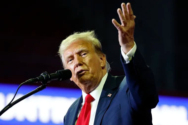 Republican presidential candidate former President Donald Trump talks to supporters during a campaign rally at The Liacouras Center on June 22, 2024.