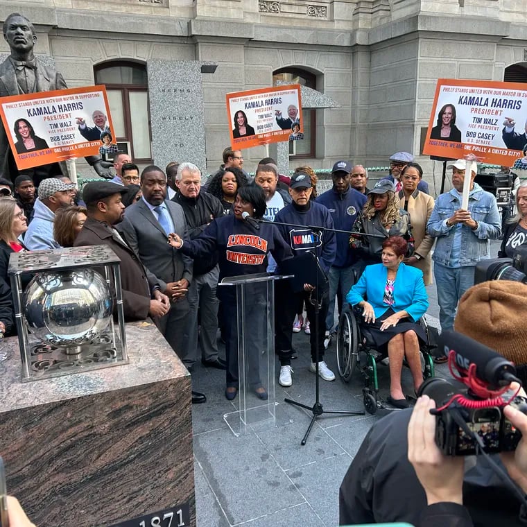 Mayor Cherelle L. Parker leads a news conference outside City Hall with numerous Philadelphia elected officials on Saturday to get out the vote for Vice President Kamala Harris' presidential campaign.