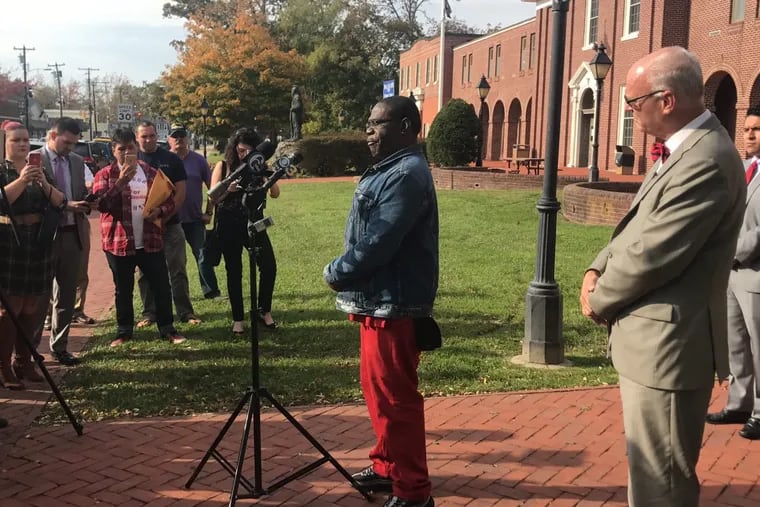 Rodney Cotton, 51, a campaign informant used by Atlantic City Mayor Don Guardian talks to the press outside the Atlantic County Clerk’s office.