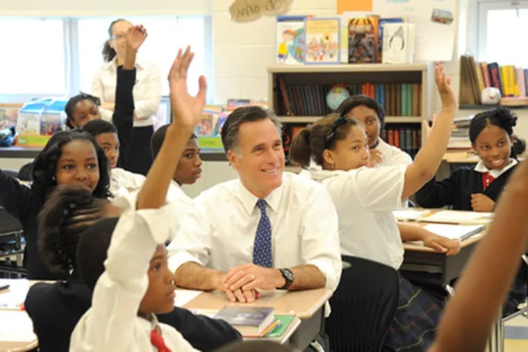 Republican presidential candidate Mitt Romney has a seat in Ms. Stephanie Robinson's 6th grade language arts class at Universal Bluford ES, a charter school in West Philadelphia, Thursday, May 24, 2012 learning about metaphors, similes and alliterations. ( Clem Murray / Staff Photographer )