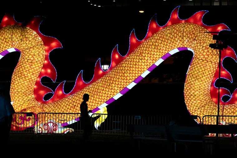 A man walks by the 200-foot dragon on opening night of the Philadelphia Chinese Lantern Festival on June 20, 2024. The dragon lantern is longer than three school buses and weighs 6,000 pounds. Standing 200 feet long and 21 feet high.