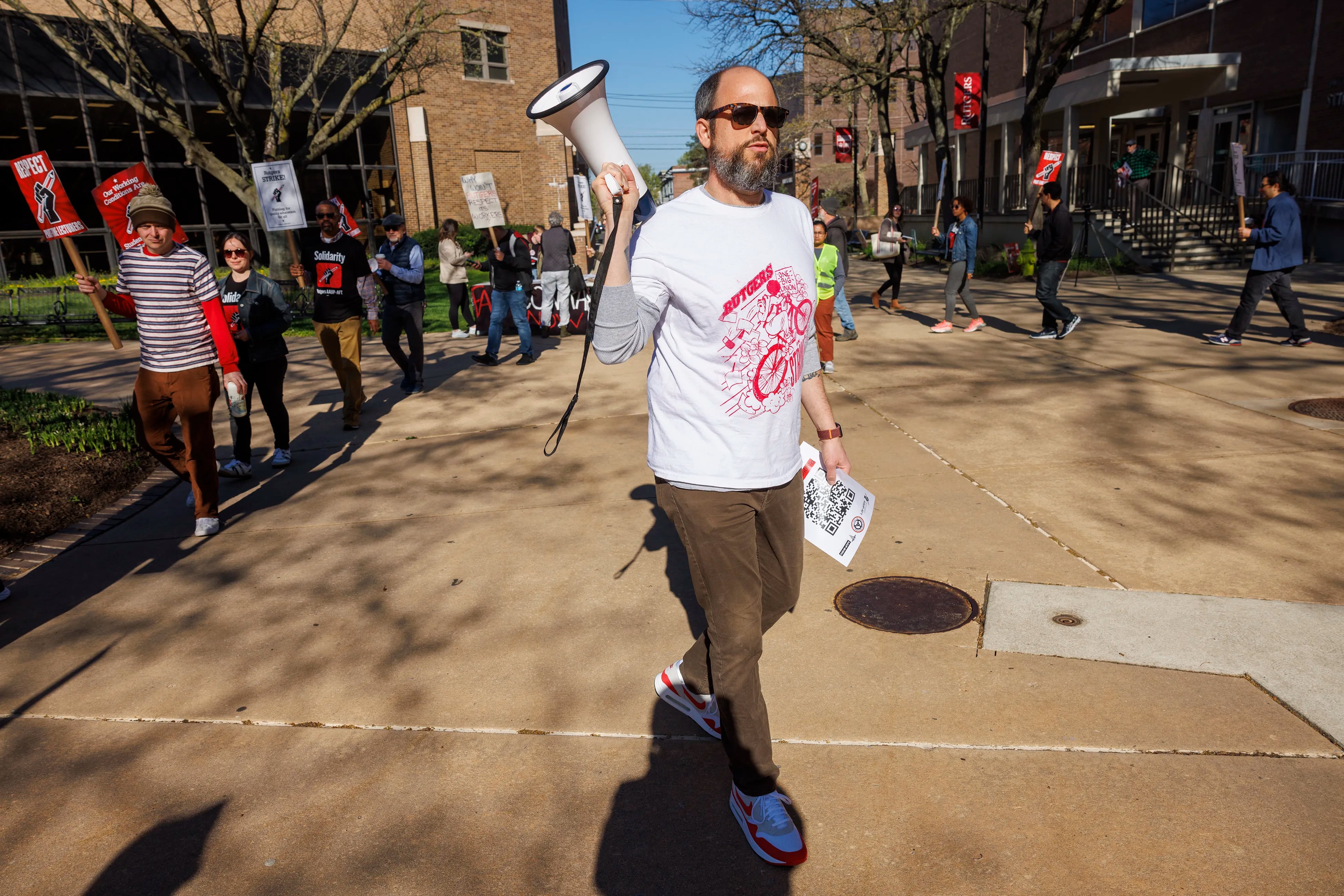 Jim Brown, president of the Rutgers-Camden chapter of the AAUP-AFT union, as the unions representing faculty and graduate student workers went on strike at Rutgers University April 10.