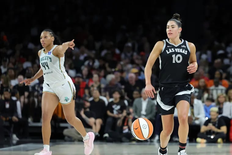 Kelsey Plum #10 of the Las Vegas Aces brings the ball up the court against the New York Liberty in the fourth quarter of their game at Michelob ULTRA Arena on June 15, 2024 in Las Vegas, Nevada. The Liberty defeated the Aces 90-82. (Photo by Ethan Miller/Getty Images)