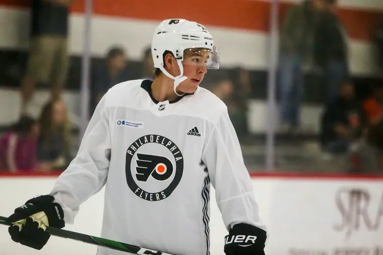 Right winger Bobby Brink practices during a drill at the Flyers' development camp at the Skate Zone in Voorhees last year.