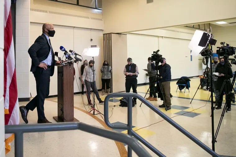 Philadelphia school district superintendent William Hite speaks during a press conference at Cayuga Elementary announcing that Philadelphia public schools have pushed back their targeted date for reopening schools for prekindergarten through second grades to March 1.
