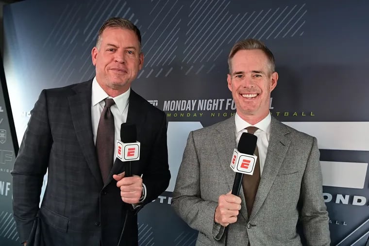 Troy Aikman (left) and Joe Buck will be calling the Eagles' wild-card playoff game against the Tampa Bay Buccaneers on ESPN and ABC.