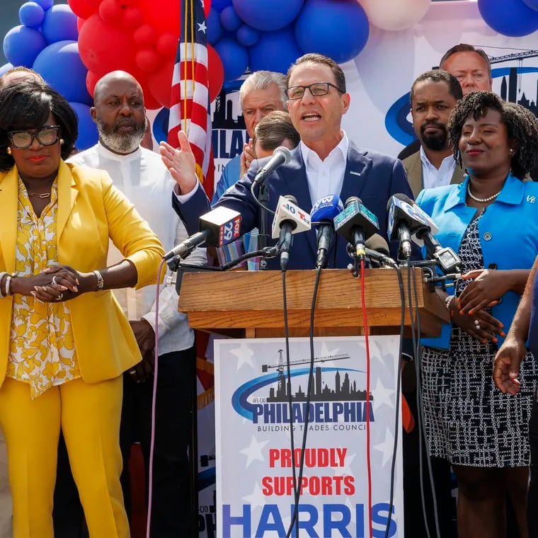 Gov. Josh Shapiro throws his support behind Vice President Kamala Harris at a rally at the Philadelphia Building Trades Union Hall on Friday.