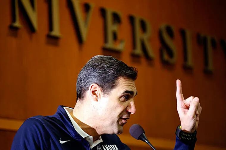 Villanova's Jay Wright addresses fans on campus during NCAA Tournament selections. (Yong Kim/Staff Photographer)