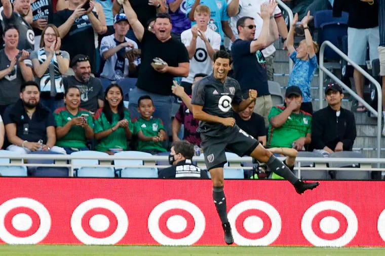 MLS All-Star Carlos Vela celebrates his goal during the first half of the All-Star match against Liga MX All-Stars on Wednesday in St. Paul, Minn.