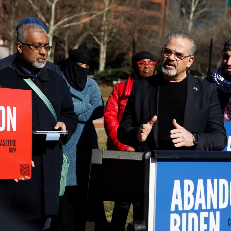 Khalid Turaani, from Abandon Biden Michigan, speaks during an Abandon Biden rally on Independence Mall in February. Speakers called for voters to “Abandon Biden” due to his policies on Gaza.