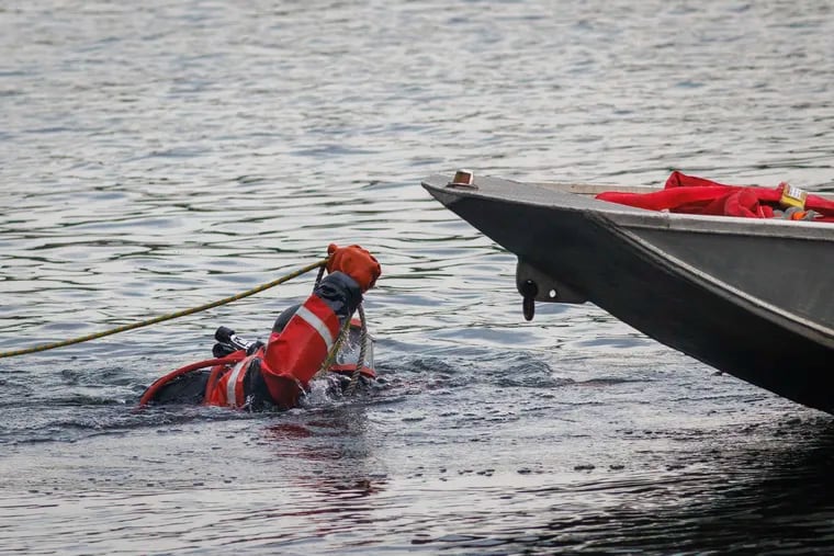 Philadelphia police Marine Unit investigate a car that went in the Schuylkill River near the reviewing stand parking.