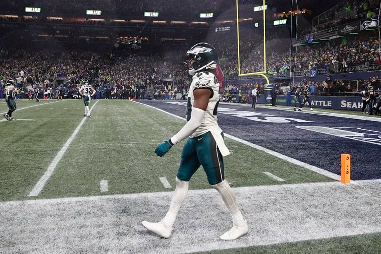 Eagles cornerback James Bradberry walks back to the bench after Seahawks wide receiver Jaxon Smith-Njigba caught what proved to be the game-winning touchdown late in the fourth quarter on Monday.