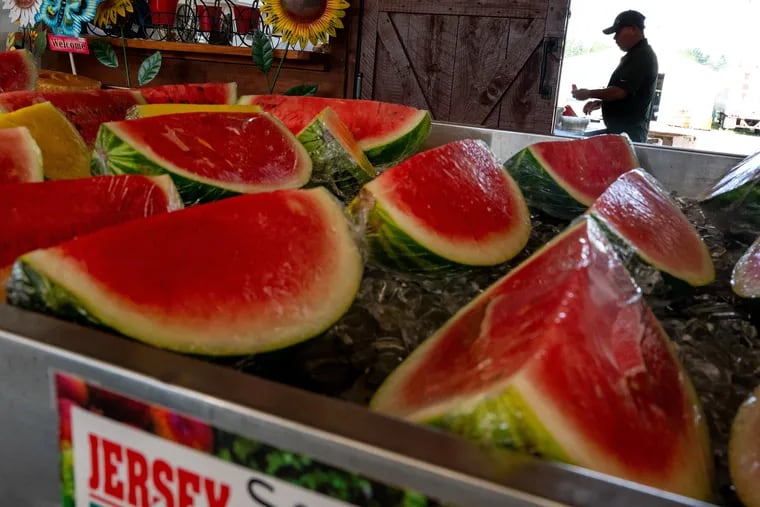 Santiago Macias slices watermelon in the back at Stella Farms on New Freedom Road in Winlsow Township Tuesday, Aug. 13, 2024. 