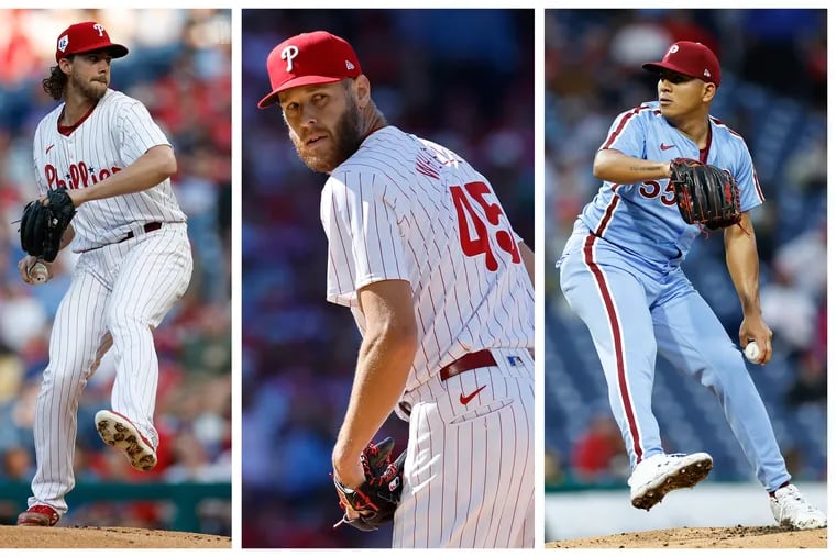 Phillies pitchers Aaron Nola, Zack Wheeler, and Ranger Suárez.