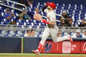 Rhys Hoskins left the game after being hit by a pitch on his right hand