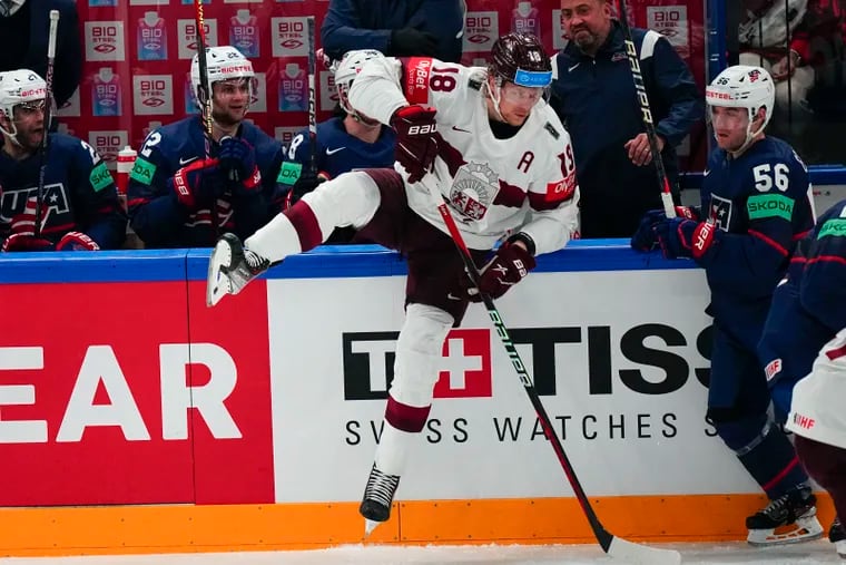 Latvia's Rodrigo Ābols (18) had 26 points this season for the Swedish hockey team Rögle BK.